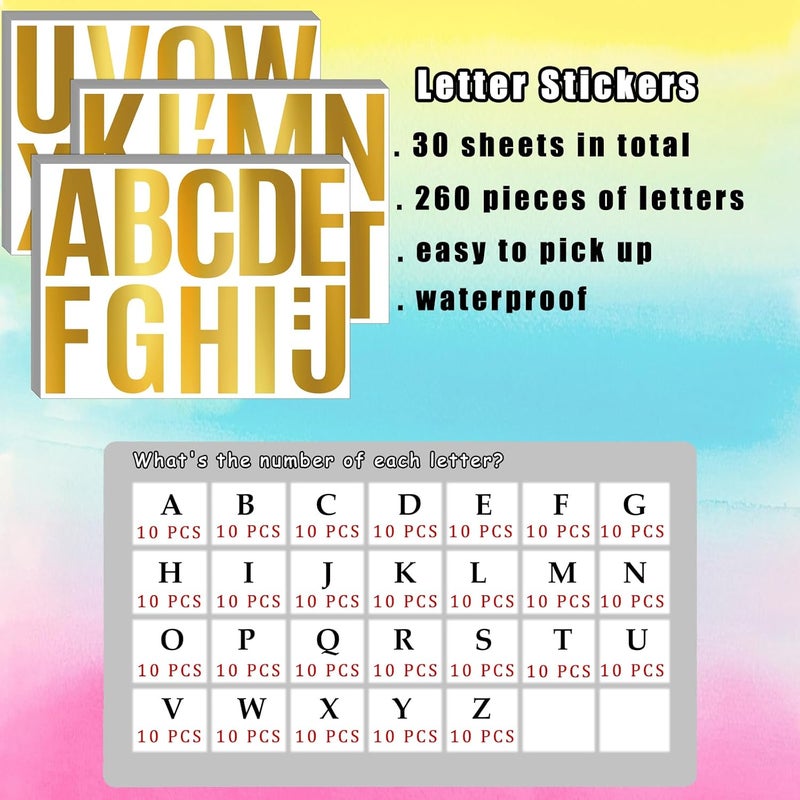 Bemeol 340 Pieces 30 Sheets Large Letter Stickers 4 Inch Self Adhesive Alphabet Letters Stickers for Bulletin Boards Classroom Home Decor(Gold) - Image 2